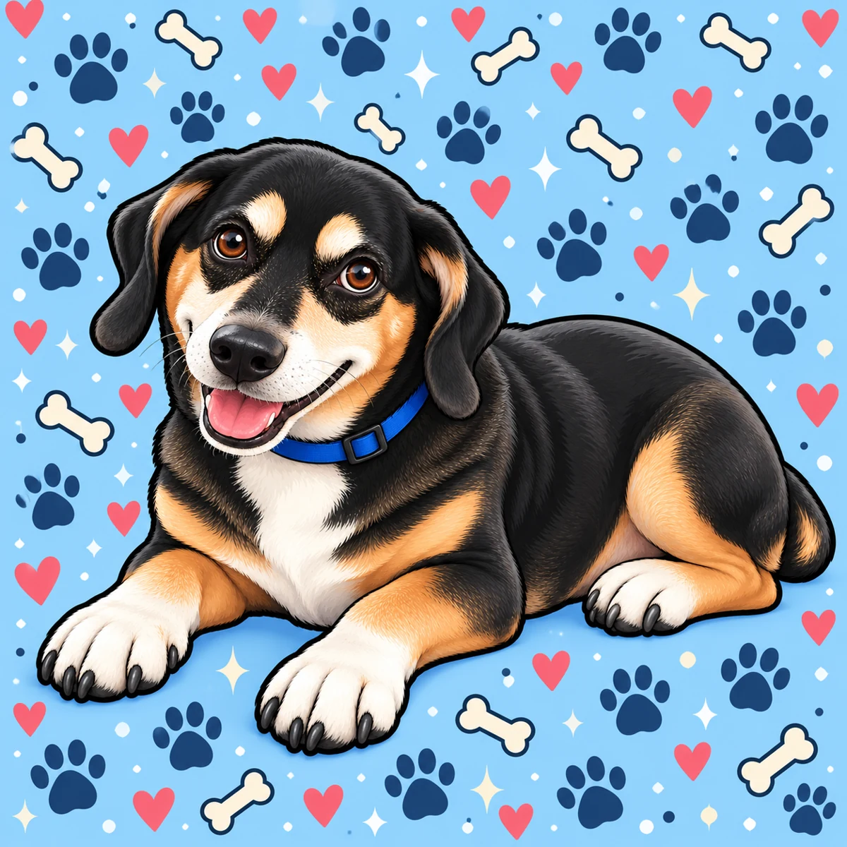 Bernie illustrated with his tan eyebrows, white paws and blue collar on a blue wallpaper